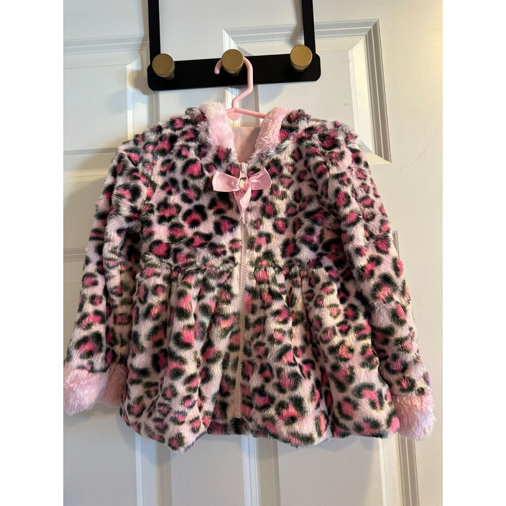 Little Lass Girls Coat Pink Leopard Print Faux Fur Collar Size 4/5T Button Up